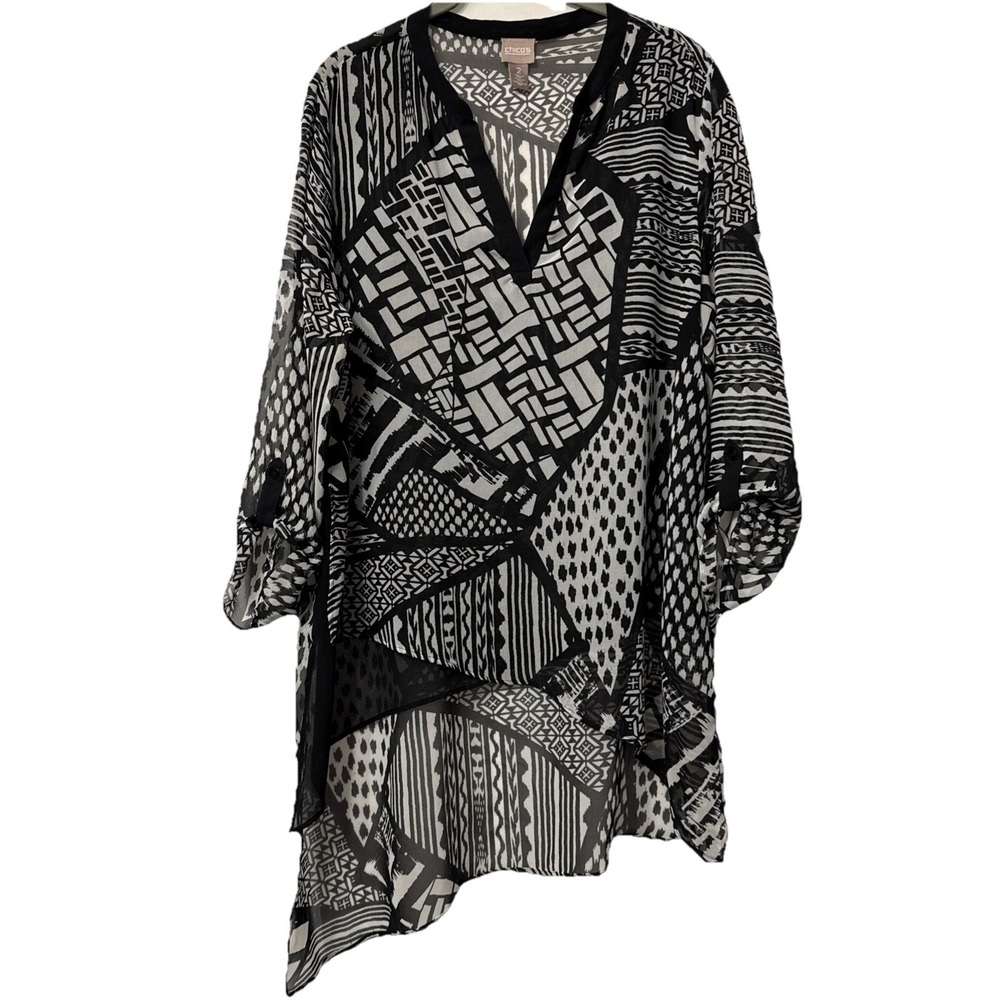 Chicos Womens Tunic Top Sz Large Black White Asymmetrical Lined Sheer 3/4 Sleeve